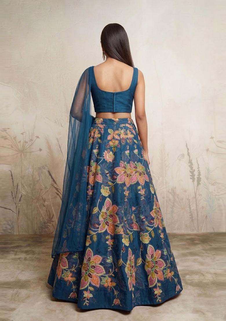 Dark Blue Printed Organza Lehenga Set - Indya