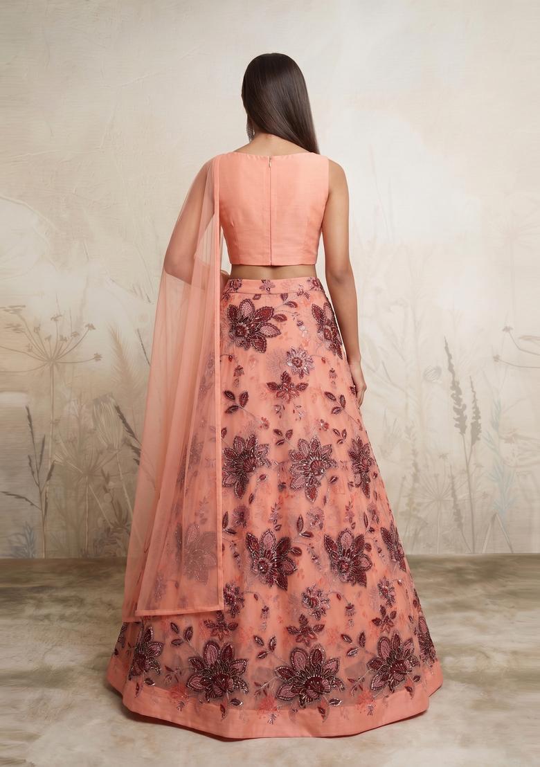 Coral Brocade Lehenga Set - Indya