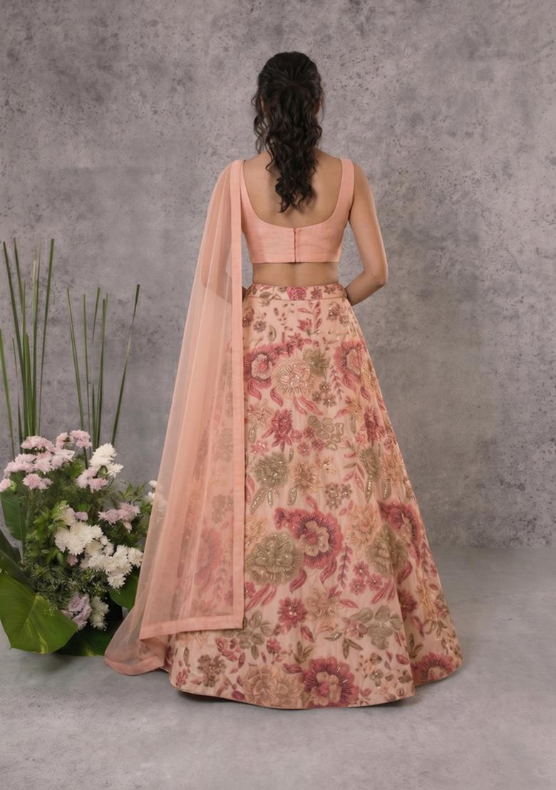 Peach Printed Chinon Lehenga Set - Indya