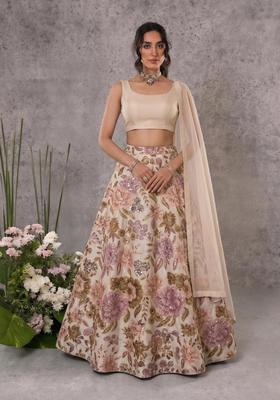 Beige Printed Chinon Lehenga Set