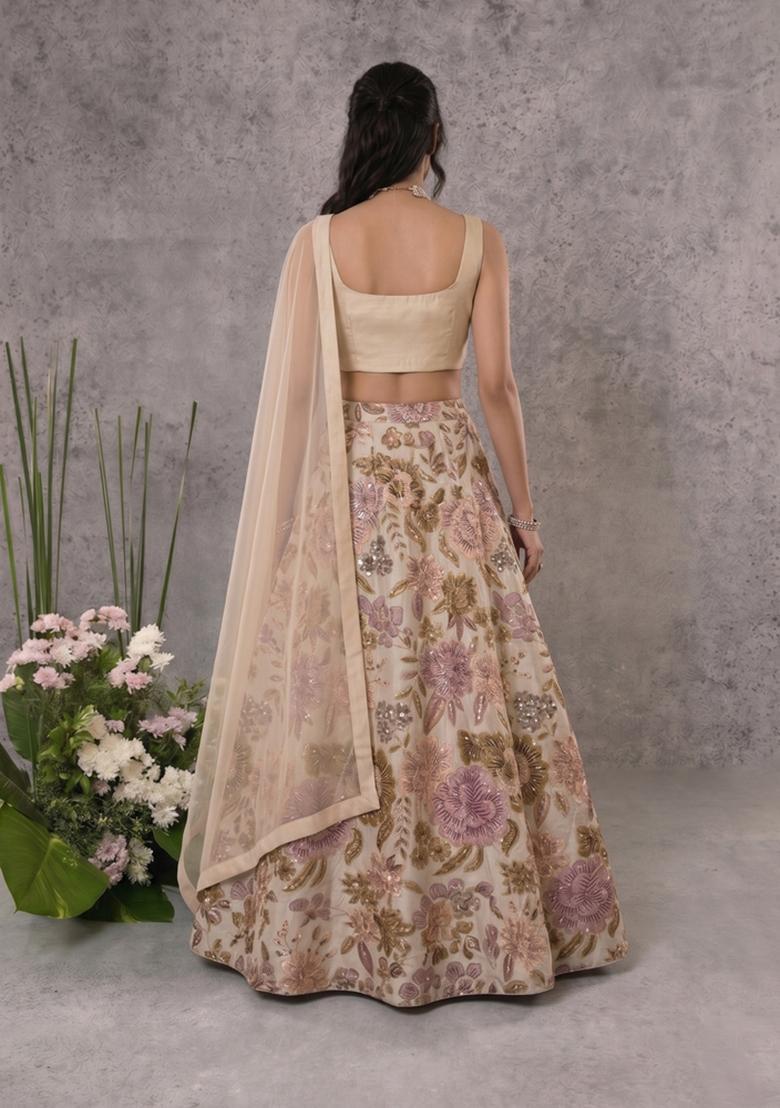 Beige Printed Chinon Lehenga Set - Indya