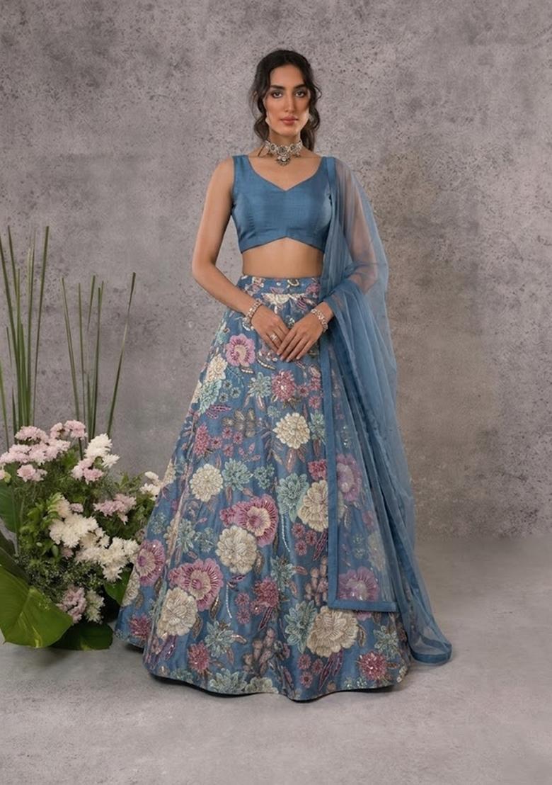 Dusty Blue Printed Chinon Lehenga Set - Indya