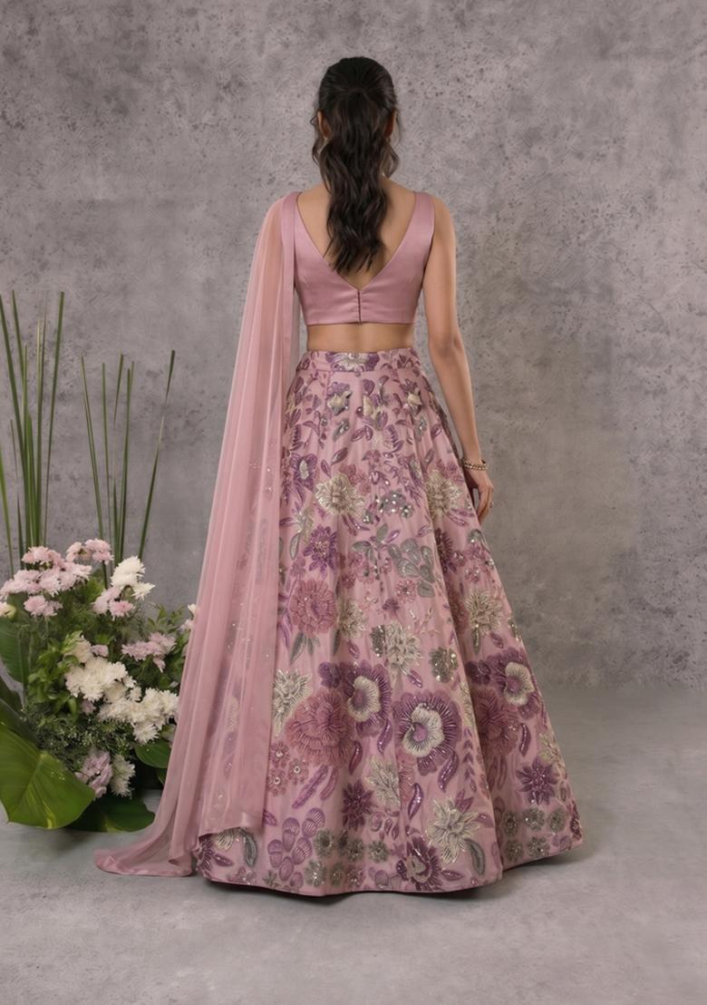 Dusty Pink Printed Chinon Lehenga Set - Indya