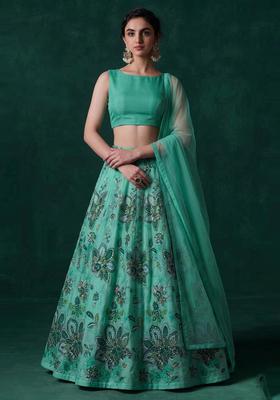 Mint Green Printed Organza Lehenga Set