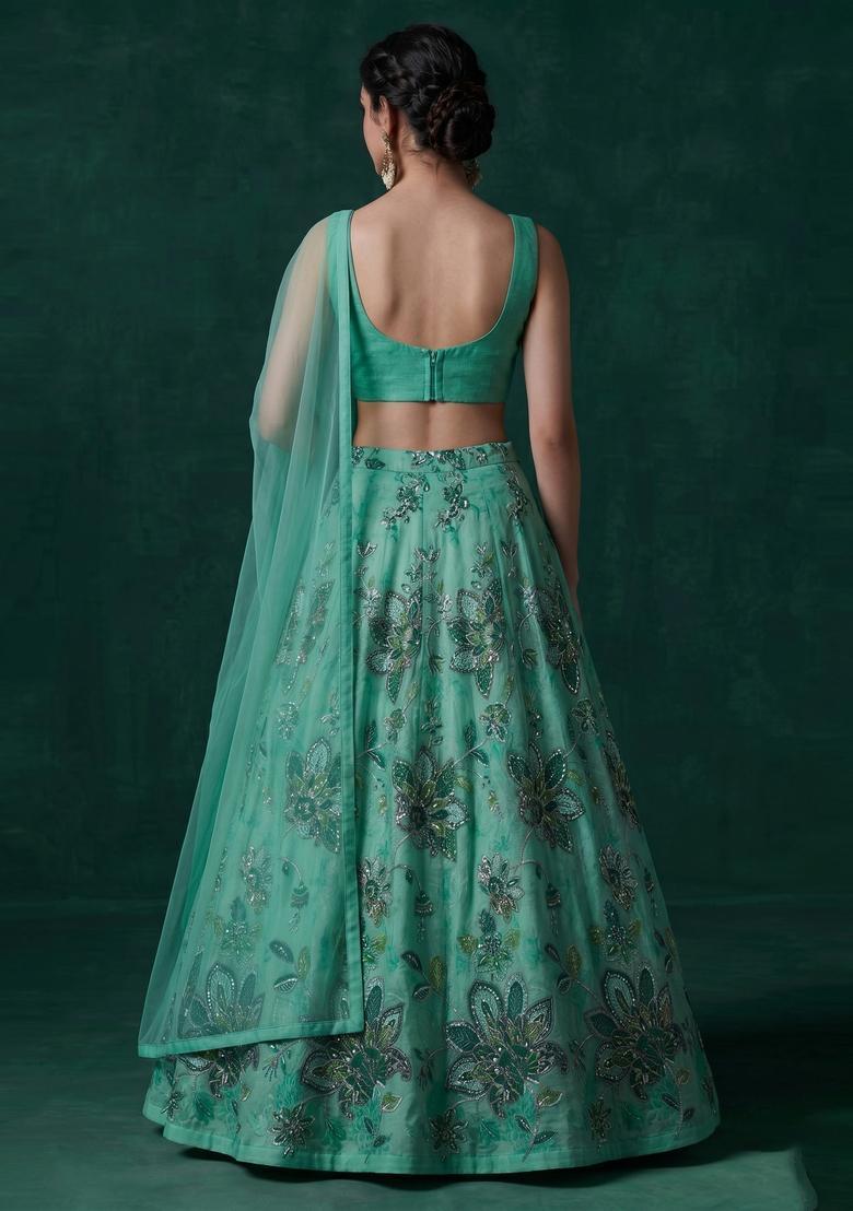 Mint Green Printed Organza Lehenga Set - Indya