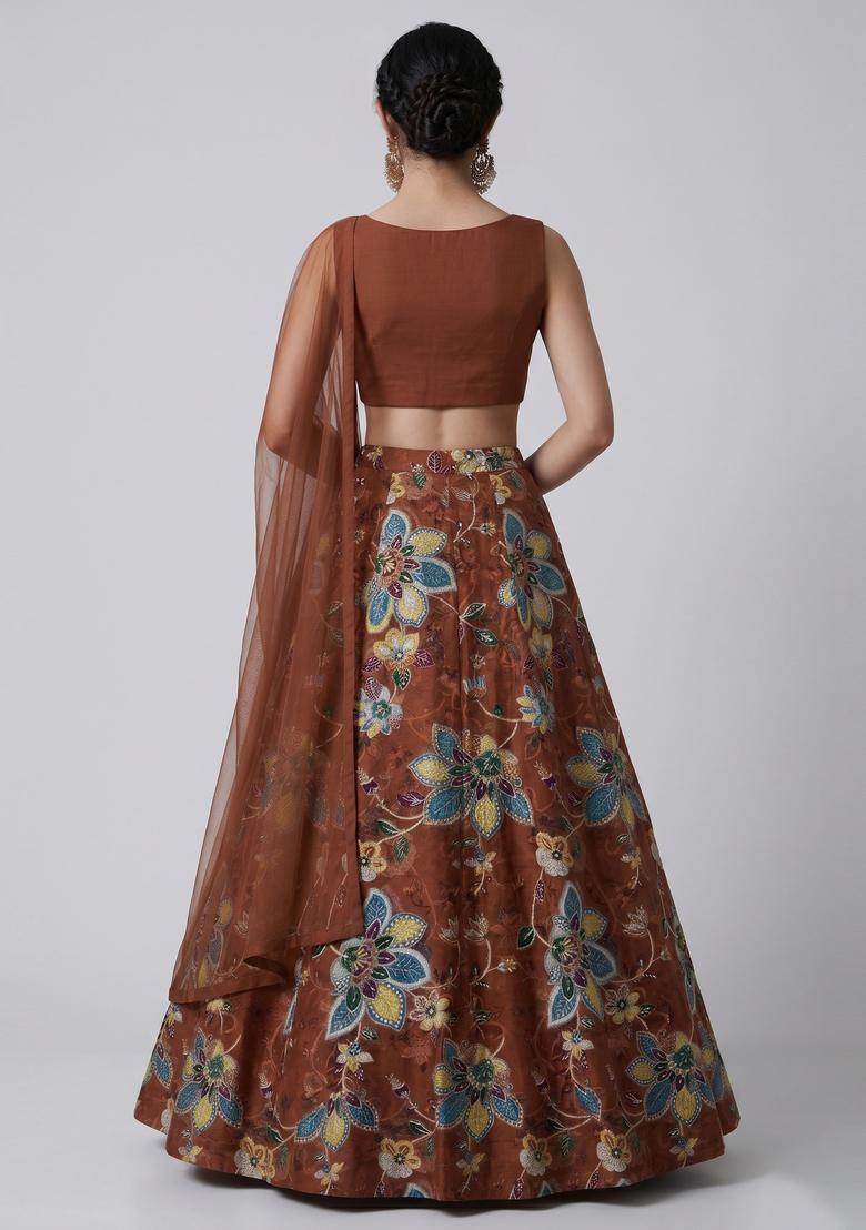 Copper Brown Embroidered Lehenga Set - Indya