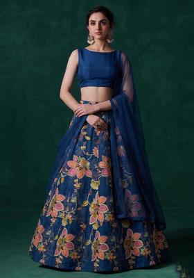 Navy Blue Printed Organza Lehenga Set