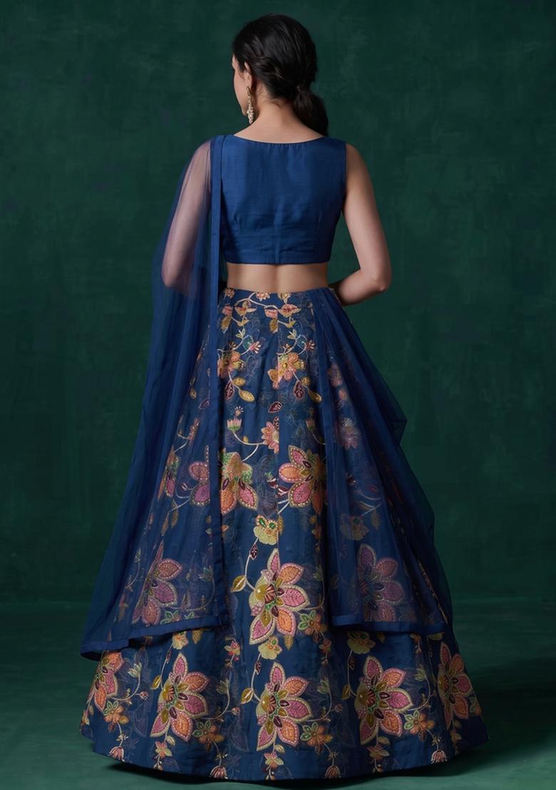 Navy Blue Printed Organza Lehenga Set - Indya