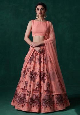 Peach Printed Organza Lehenga Set