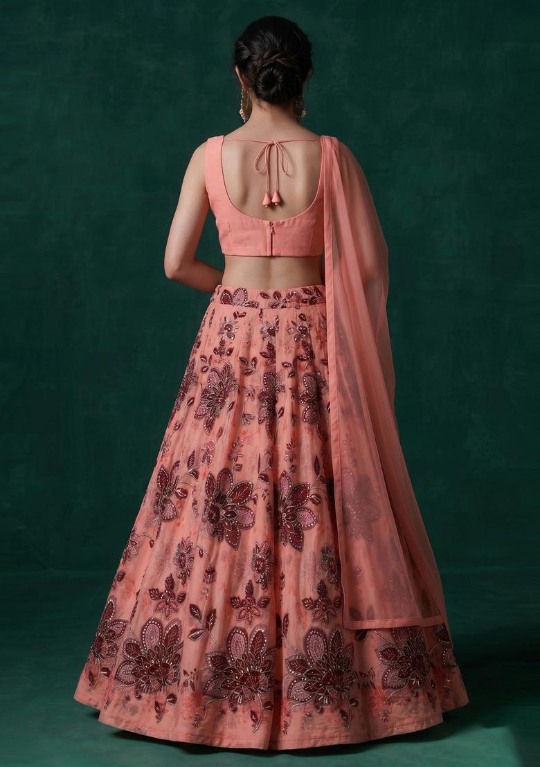 Peach Printed Organza Lehenga Set - Indya