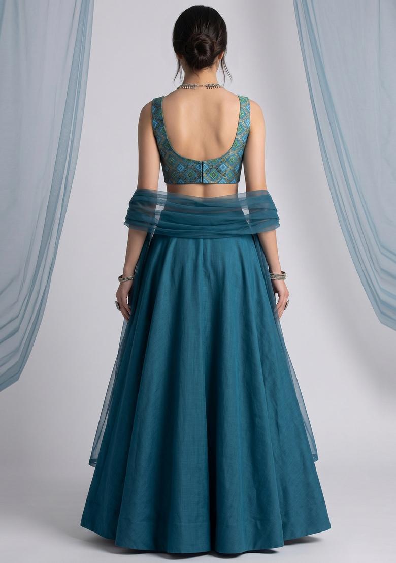 Teal Blue Georgette Lehenga Set - Indya