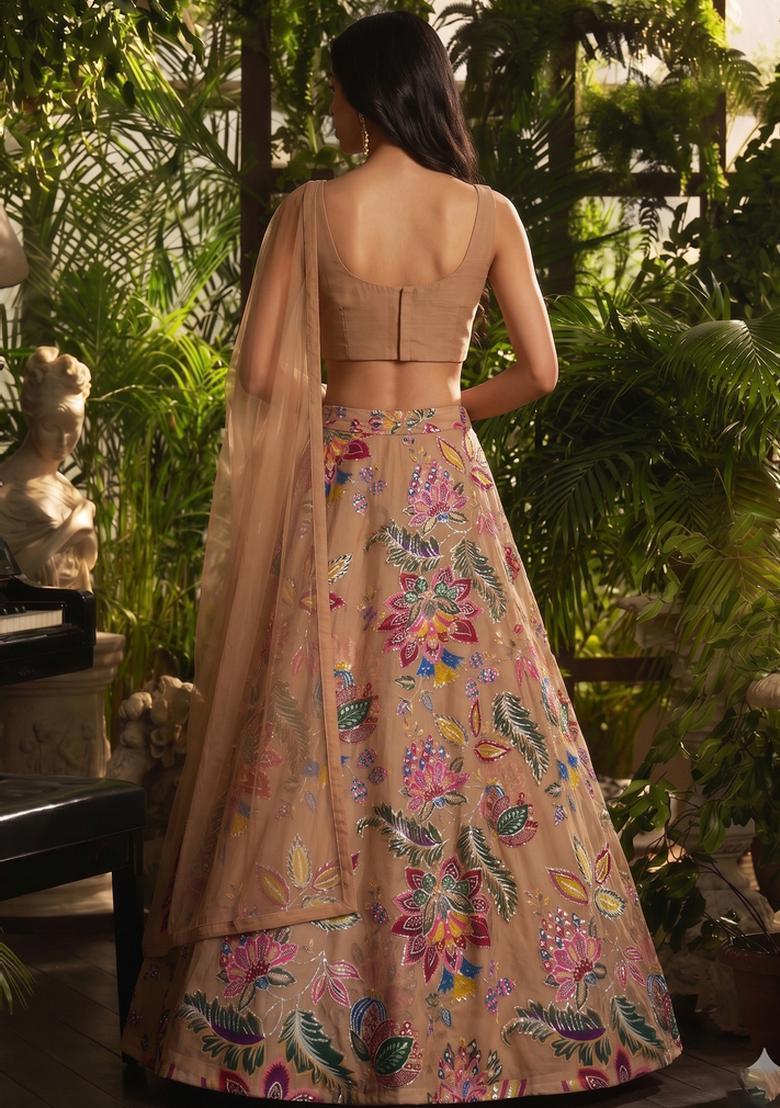 Beige Printed Organza Lehenga Set - Indya
