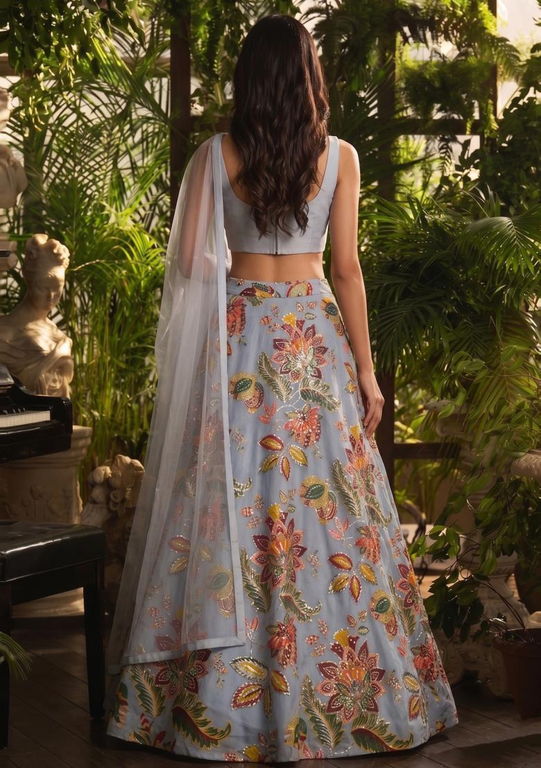 Powder Blue Printed Organza Lehenga Set - Indya