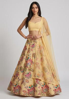 Yellow Printed Organza Lehenga Set