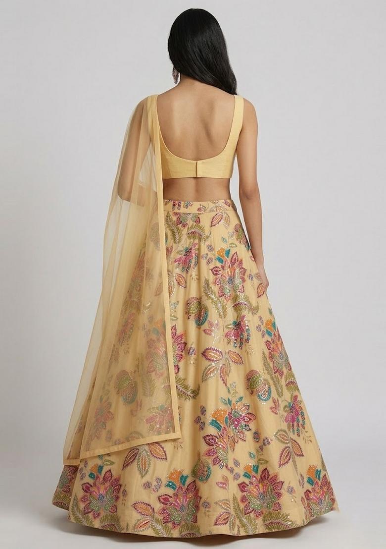 Yellow Printed Organza Lehenga Set - Indya