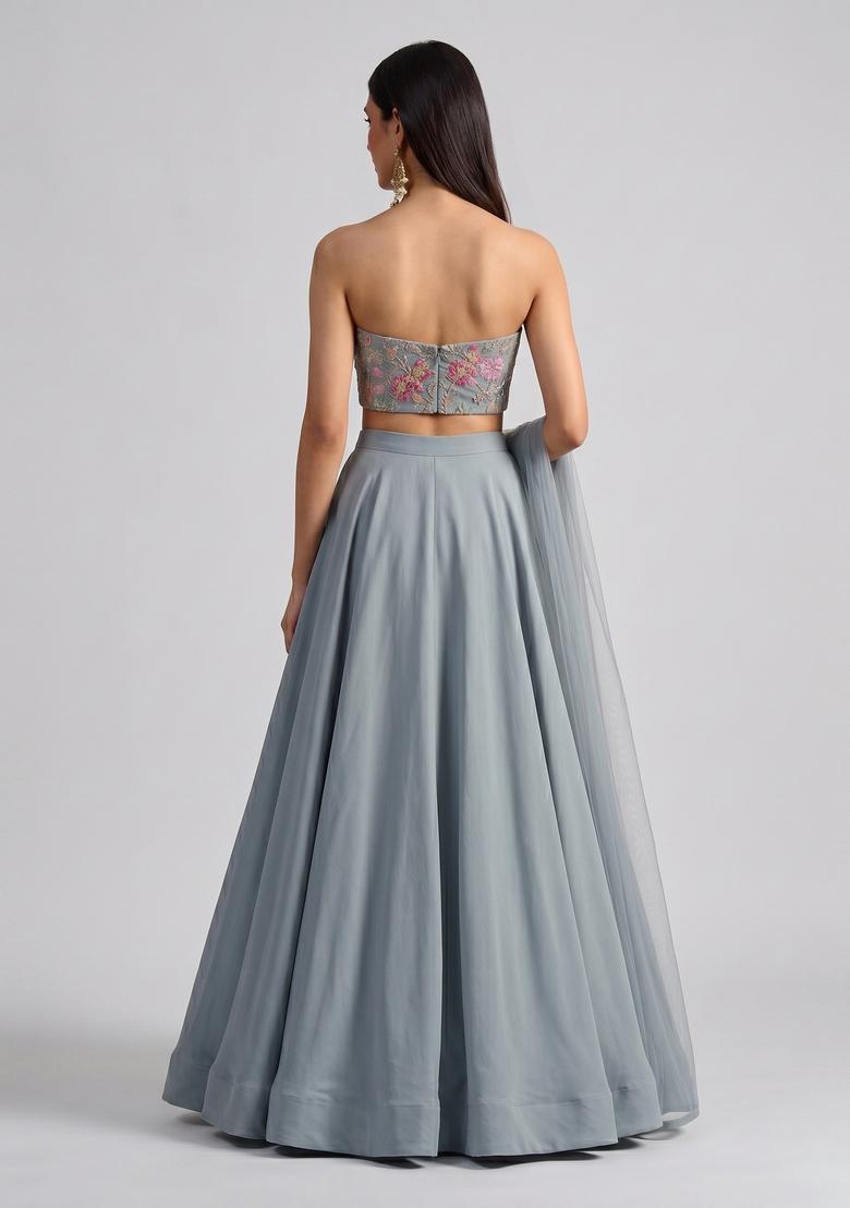 Steel Grey Sequin Crepe Lehenga Set - Indya