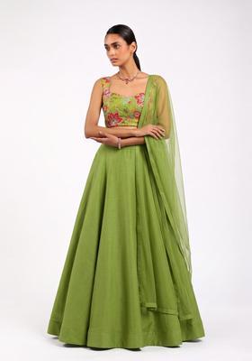 Olive Green Printed Viscose Lehenga Set