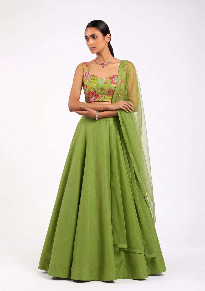 Olive Green Printed Viscose Lehenga Set - Indya