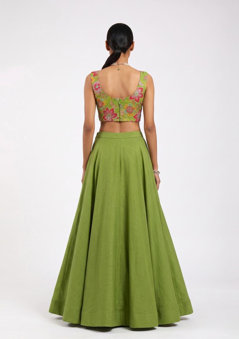 Olive Green Printed Viscose Lehenga Set - Indya