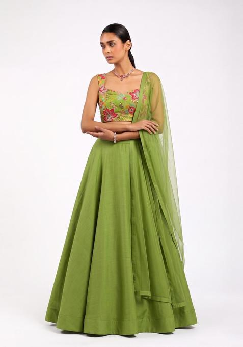 Olive Green Printed Viscose Lehenga Set