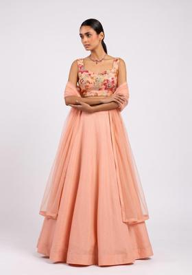 Peach Printed Viscose Lehenga Set