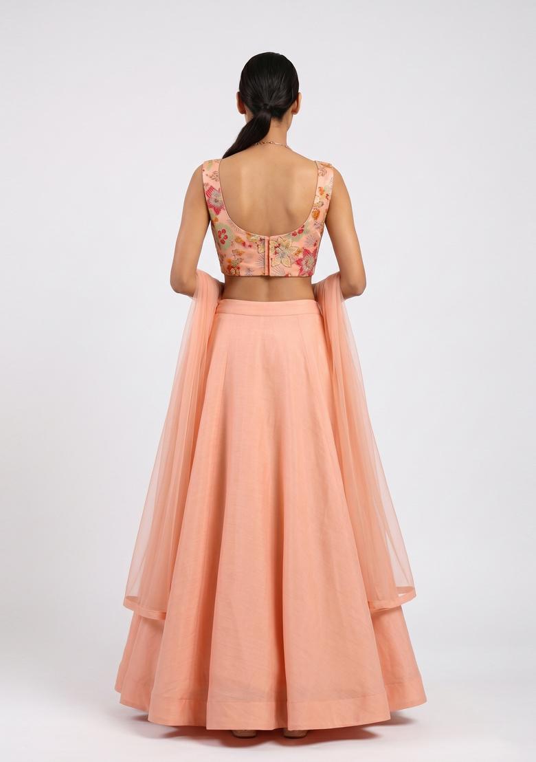 Peach Printed Viscose Lehenga Set - Indya