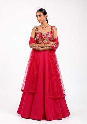 Crimson Red Printed Viscose Lehenga Set