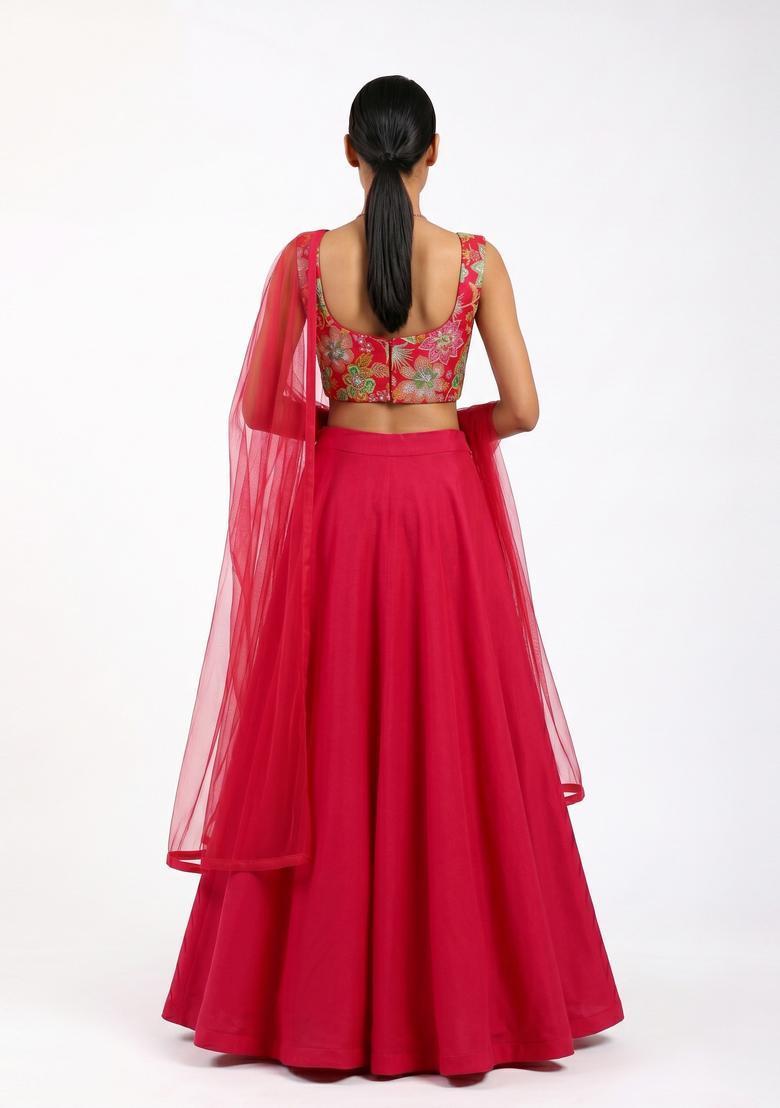Crimson Red Printed Viscose Lehenga Set - Indya