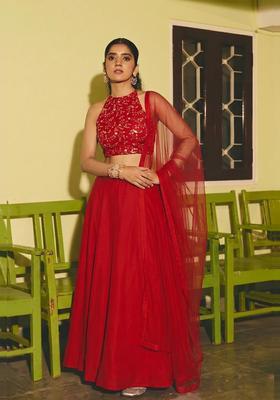Red Embroidered Crepe Lehenga Set