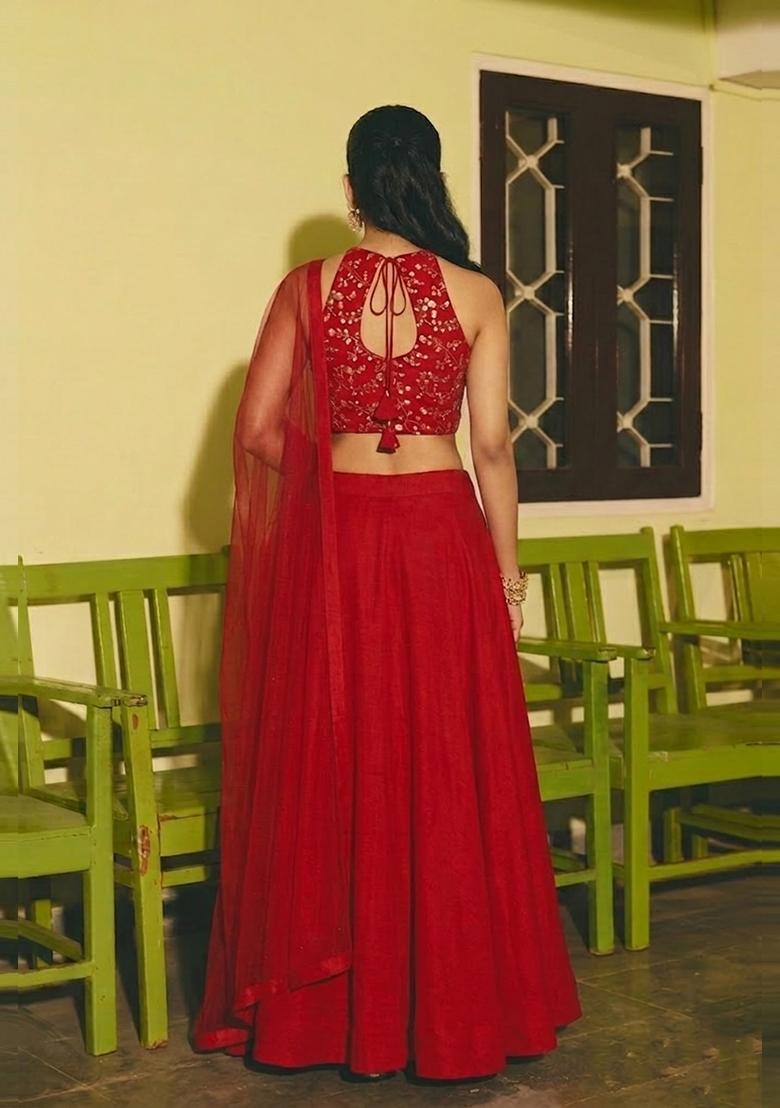 Red Embroidered Crepe Lehenga Set - Indya