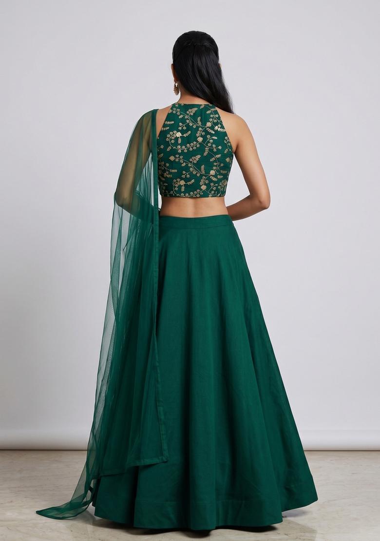 Emerald Green Embroidered Crepe Lehenga Set - Indya