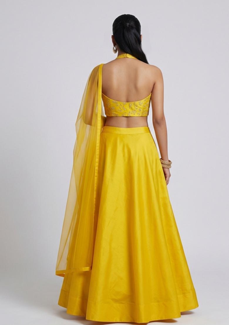 Bright Yellow Embroidered Crepe Lehenga Set - Indya
