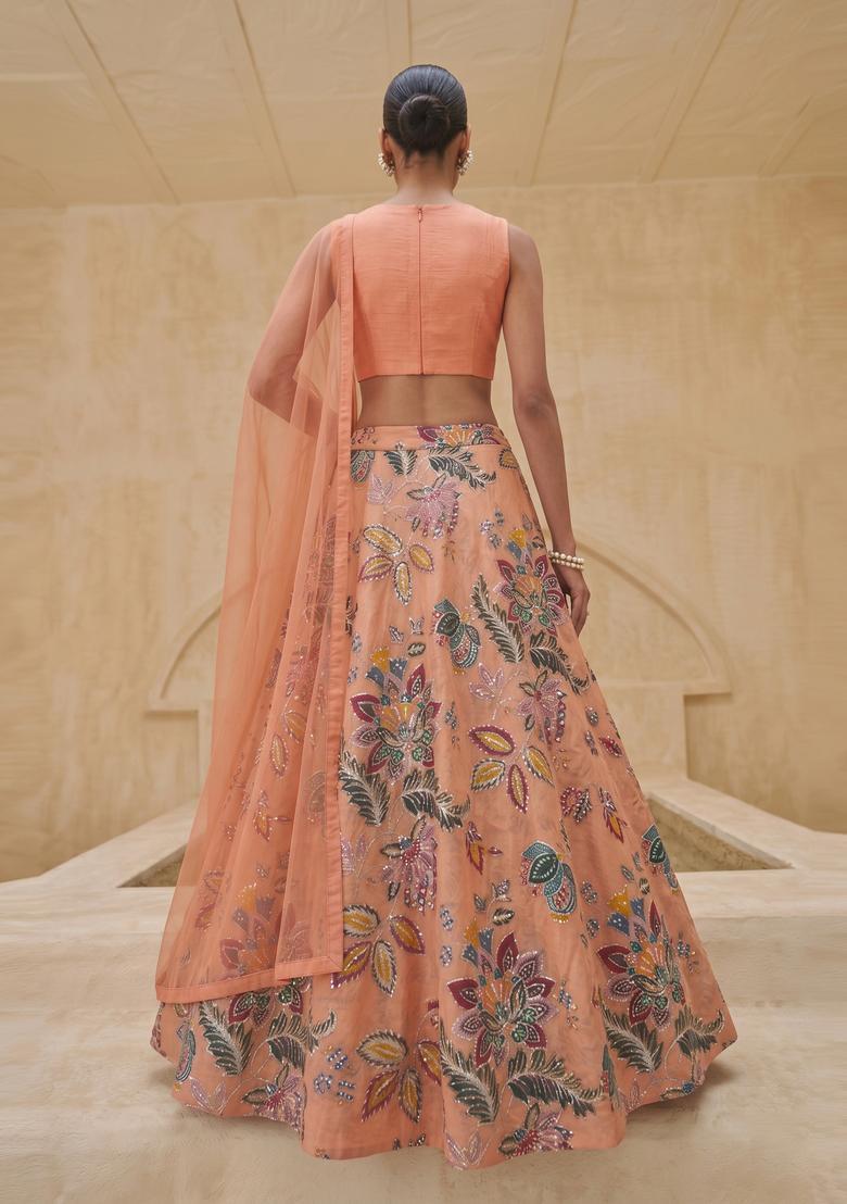 Light Peach Printed Organza Lehenga Set - Indya