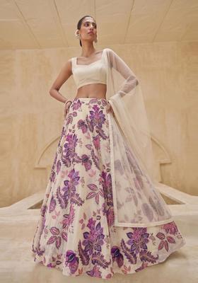 White Printed Organza Lehenga Set