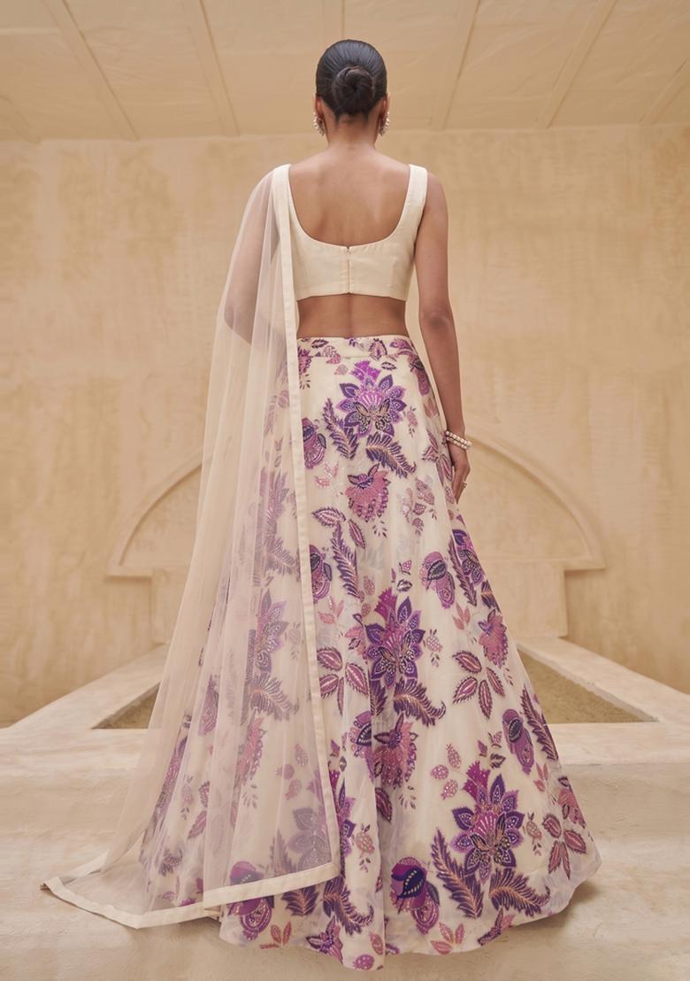 White Printed Organza Lehenga Set - Indya