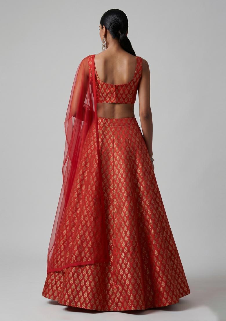 Red Brocade Lehenga Set - Indya