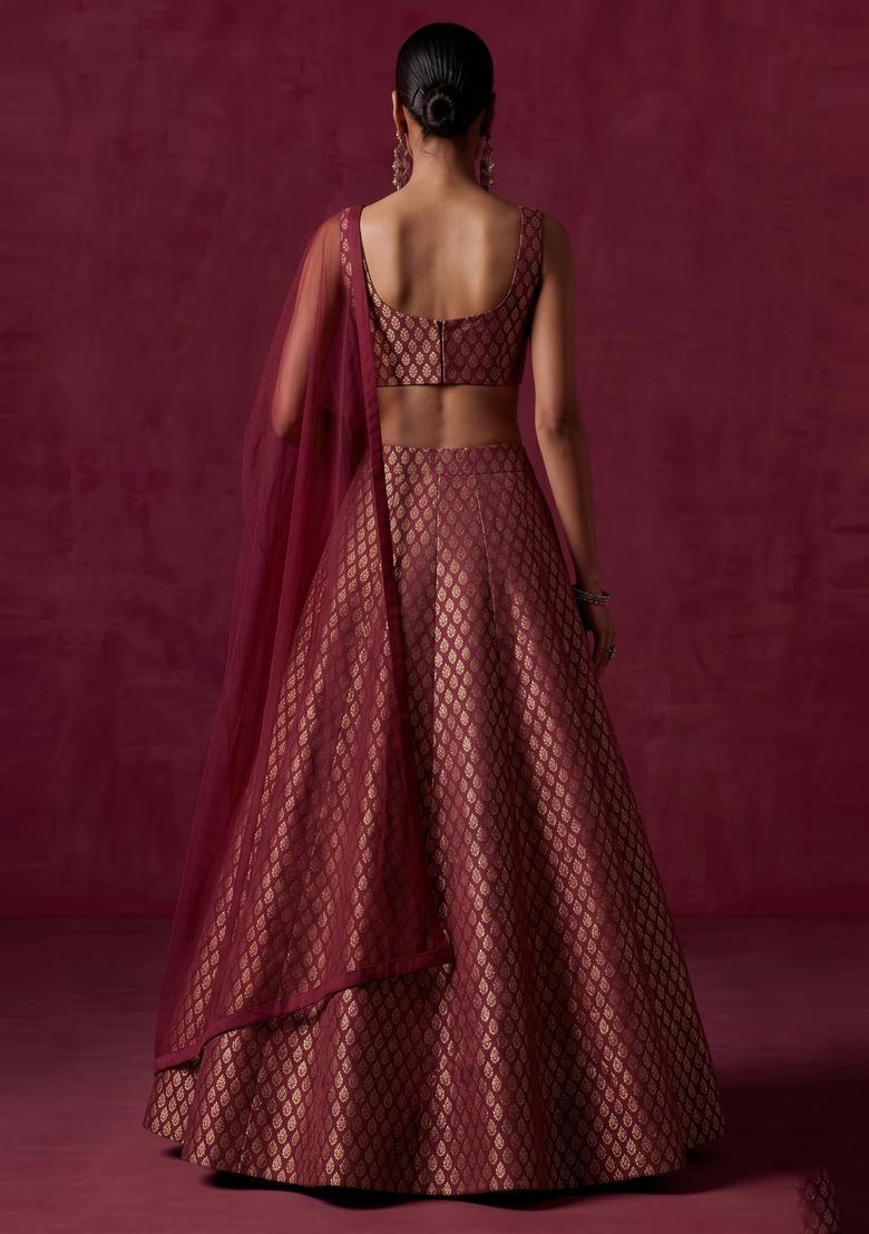 Deep Maroon Brocade Lehenga Set - Indya