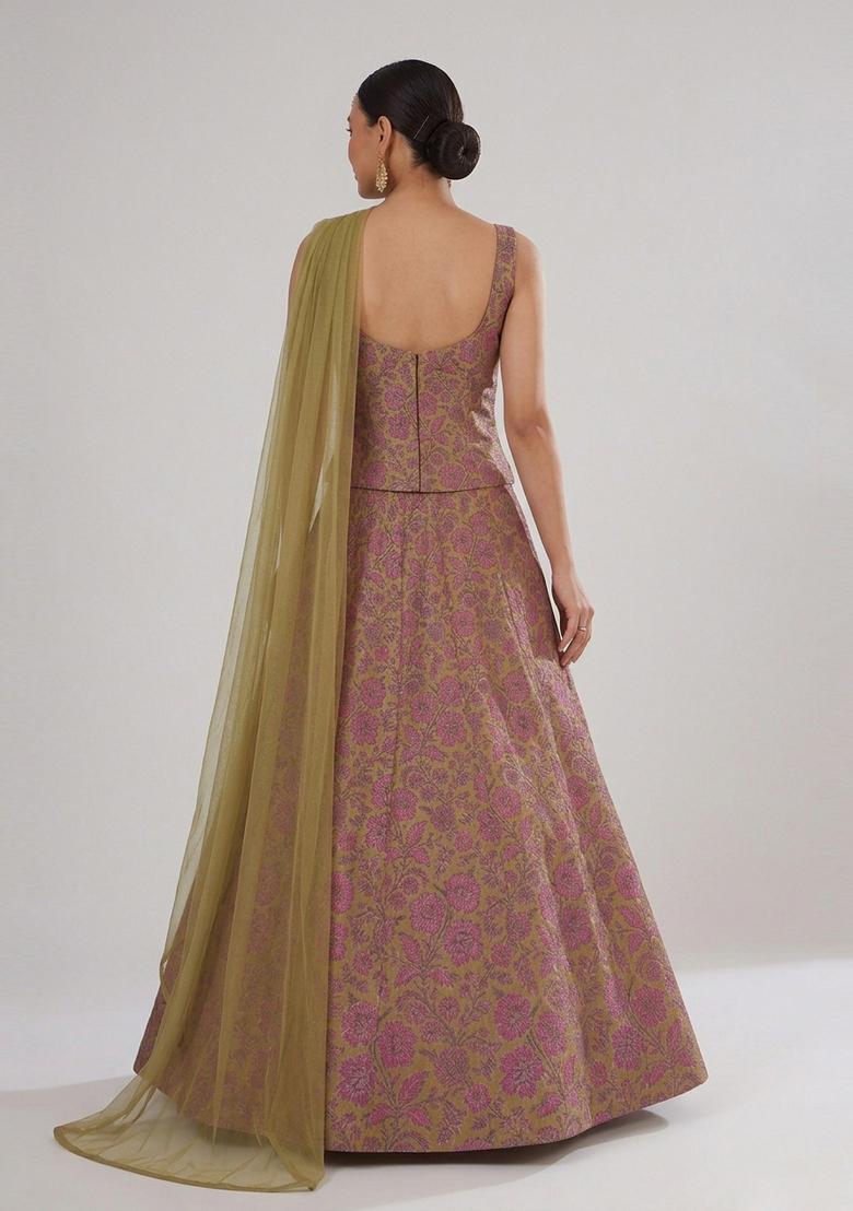 Peach PInk Silk Blend Lehenga Set - Indya