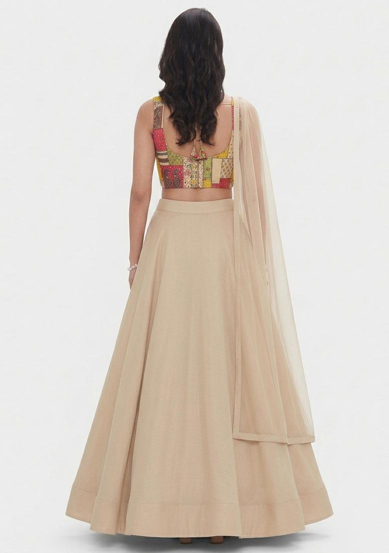 Beige Printed Chinon Lehenga Set - Indya