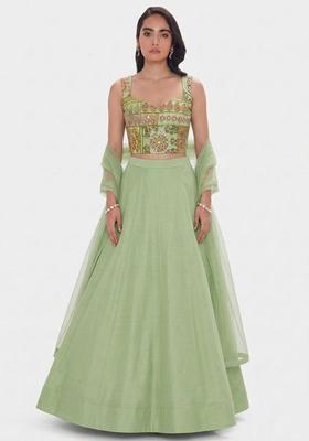Light Green Printed Chinon Lehenga Set