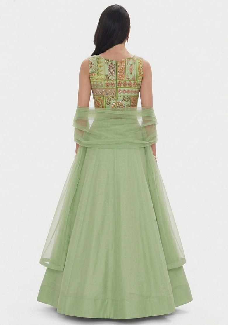 Light Green Printed Chinon Lehenga Set - Indya