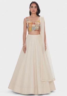 Off White Printed Chinon Lehenga Set