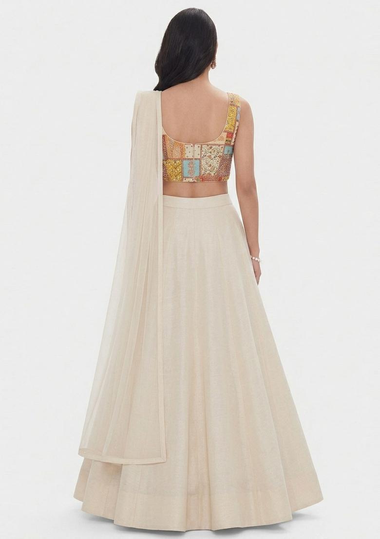 Off White Printed Chinon Lehenga Set - Indya