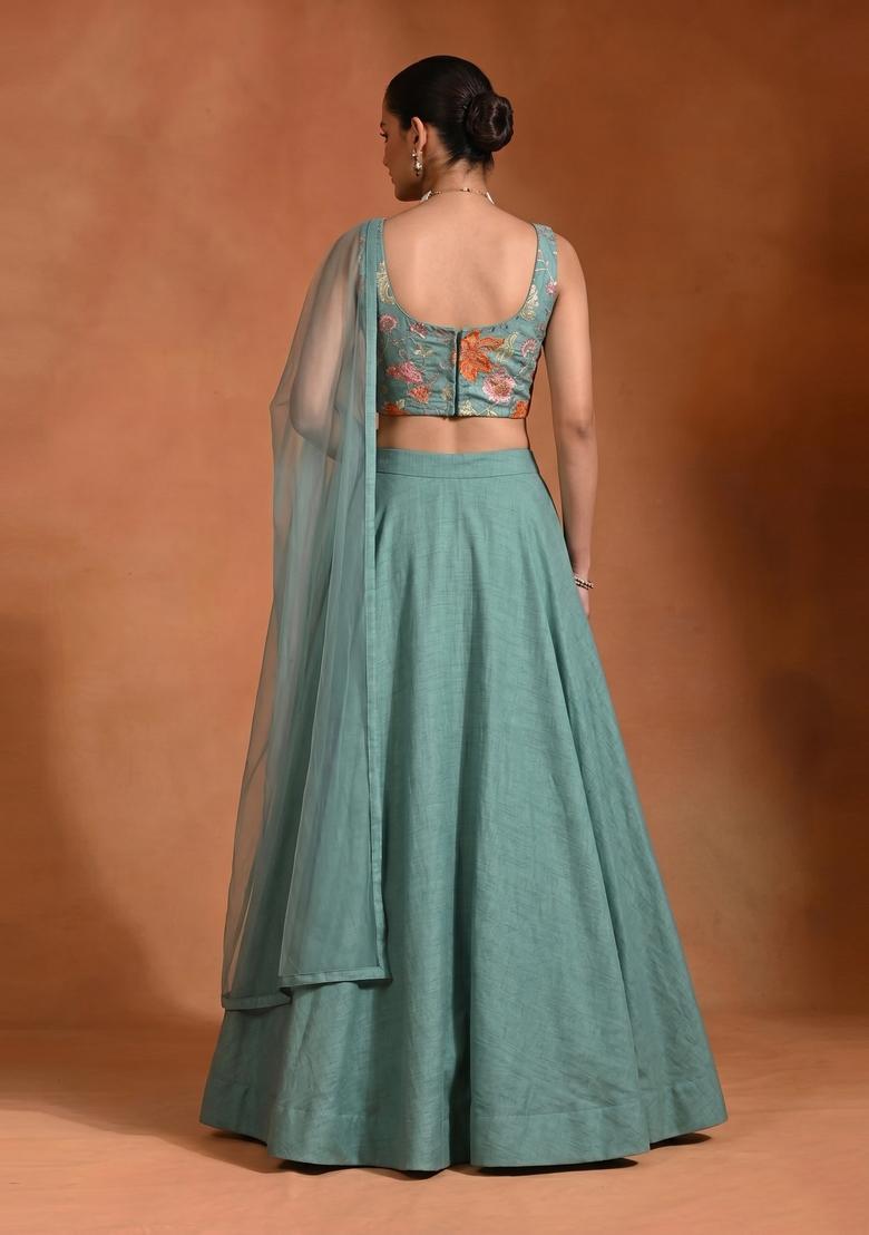 Sea Green Embroidered Organza Lehenga Set - Indya