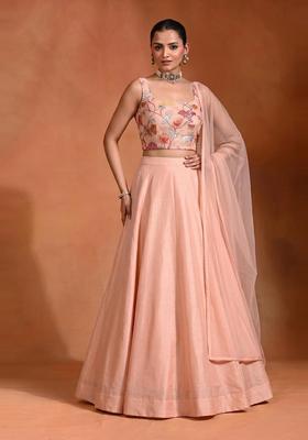 Peach Embroidered Organza Lehenga Set