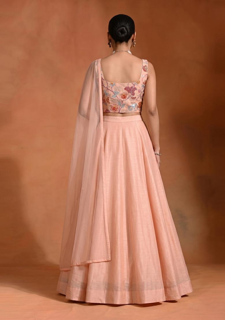 Peach Embroidered Organza Lehenga Set - Indya