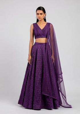 Deep Purple Embroidered Crepe Lehenga Set