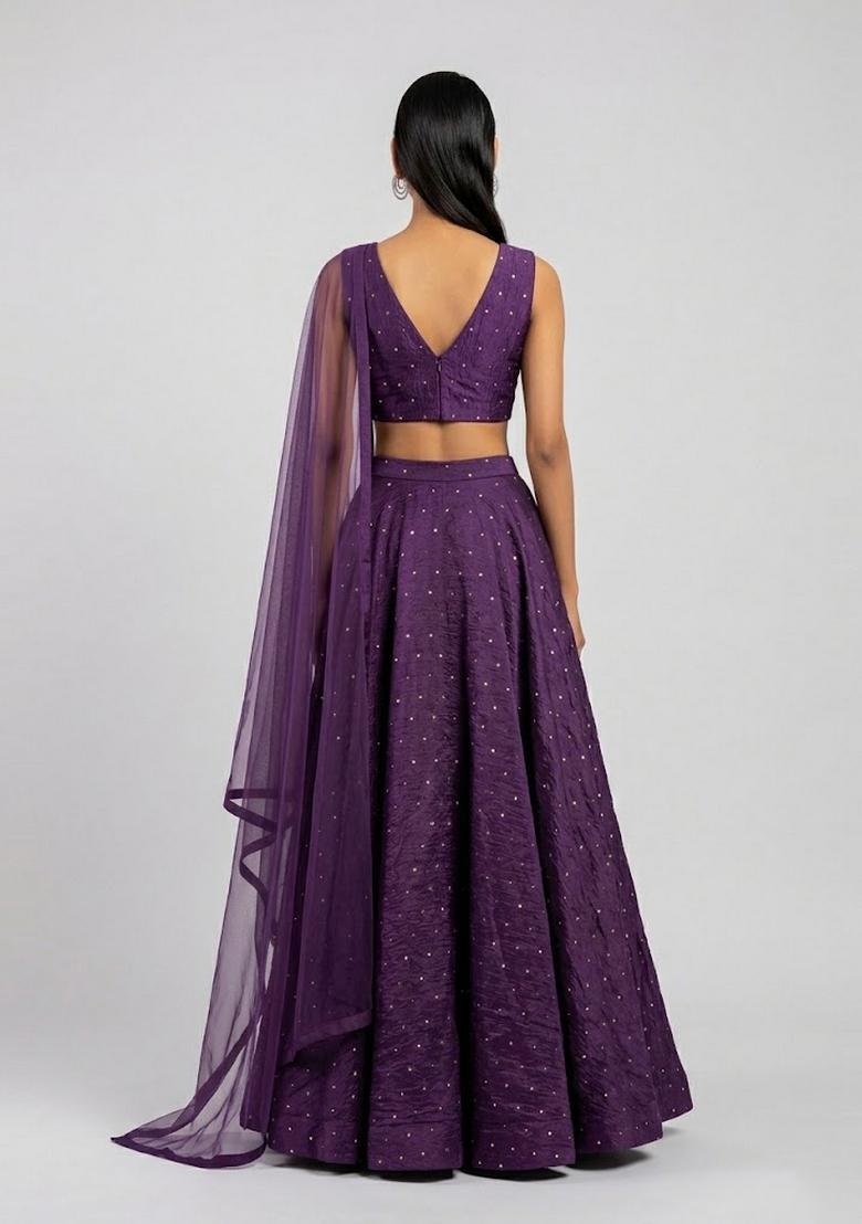 Deep Purple Embroidered Crepe Lehenga Set - Indya