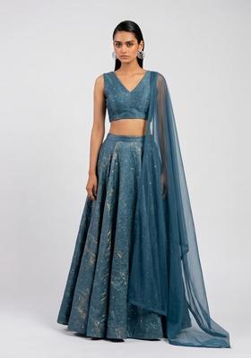 Teal Blue Embroidered Crepe Lehenga Set