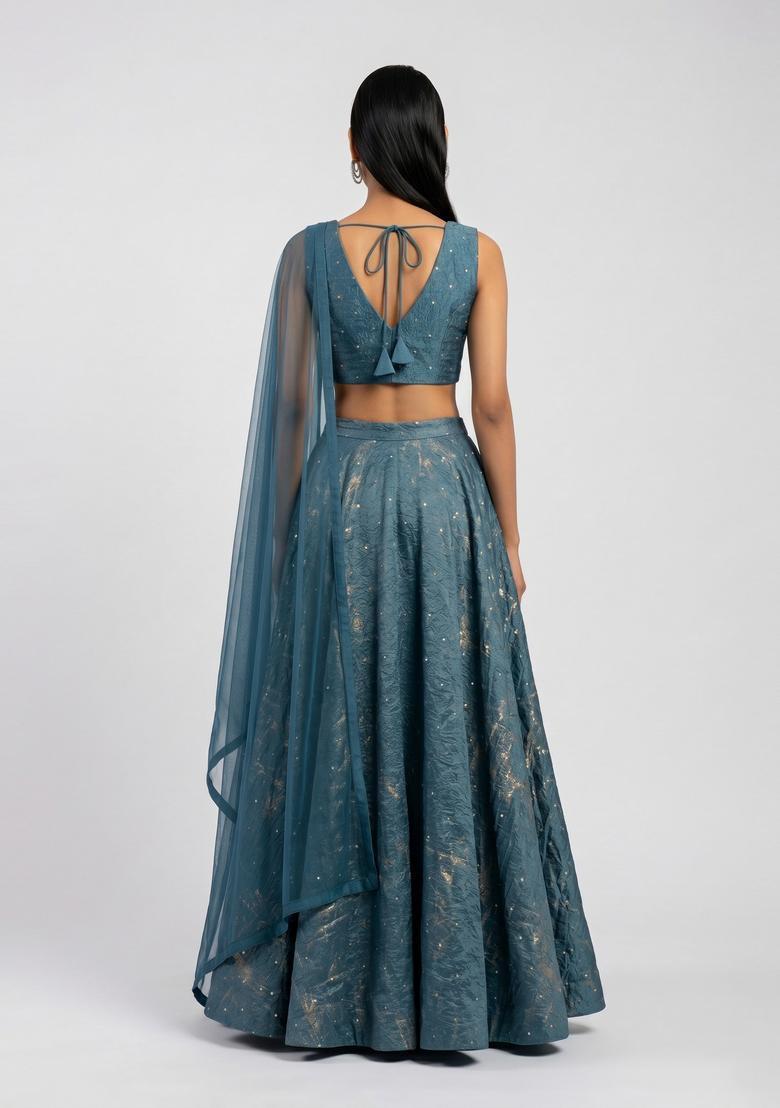 Teal Blue Embroidered Crepe Lehenga Set - Indya
